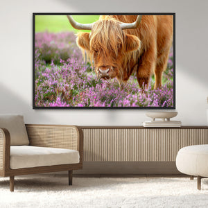 Highland Cow Wall Art Canvas Print – Framed Purple Flowers