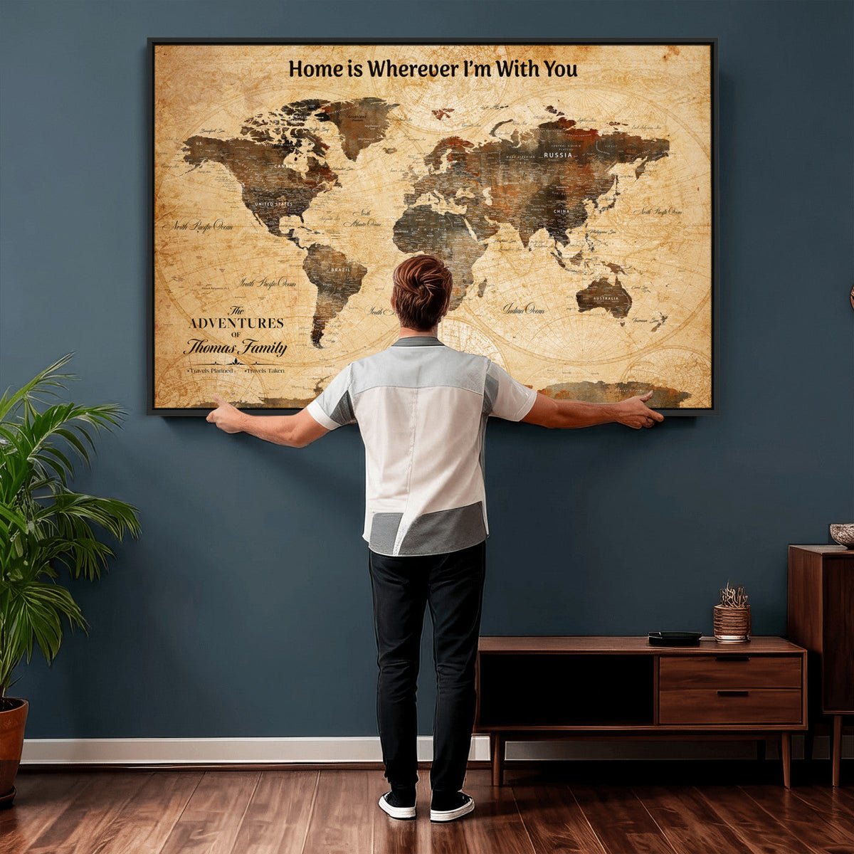 Vintage World Map Canvas Wall Art Print, Personalized