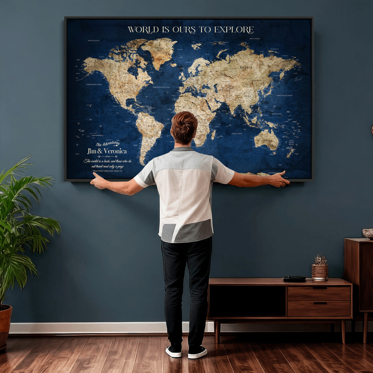 Framed Custom World Map Canvas Print - Deep Blue World Map