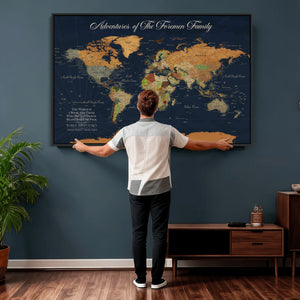 Custom Push Pin World Map Wall Art Canvas Print – Personalized Travel Tracker with Pins Framed Large for Home and Office Decor
