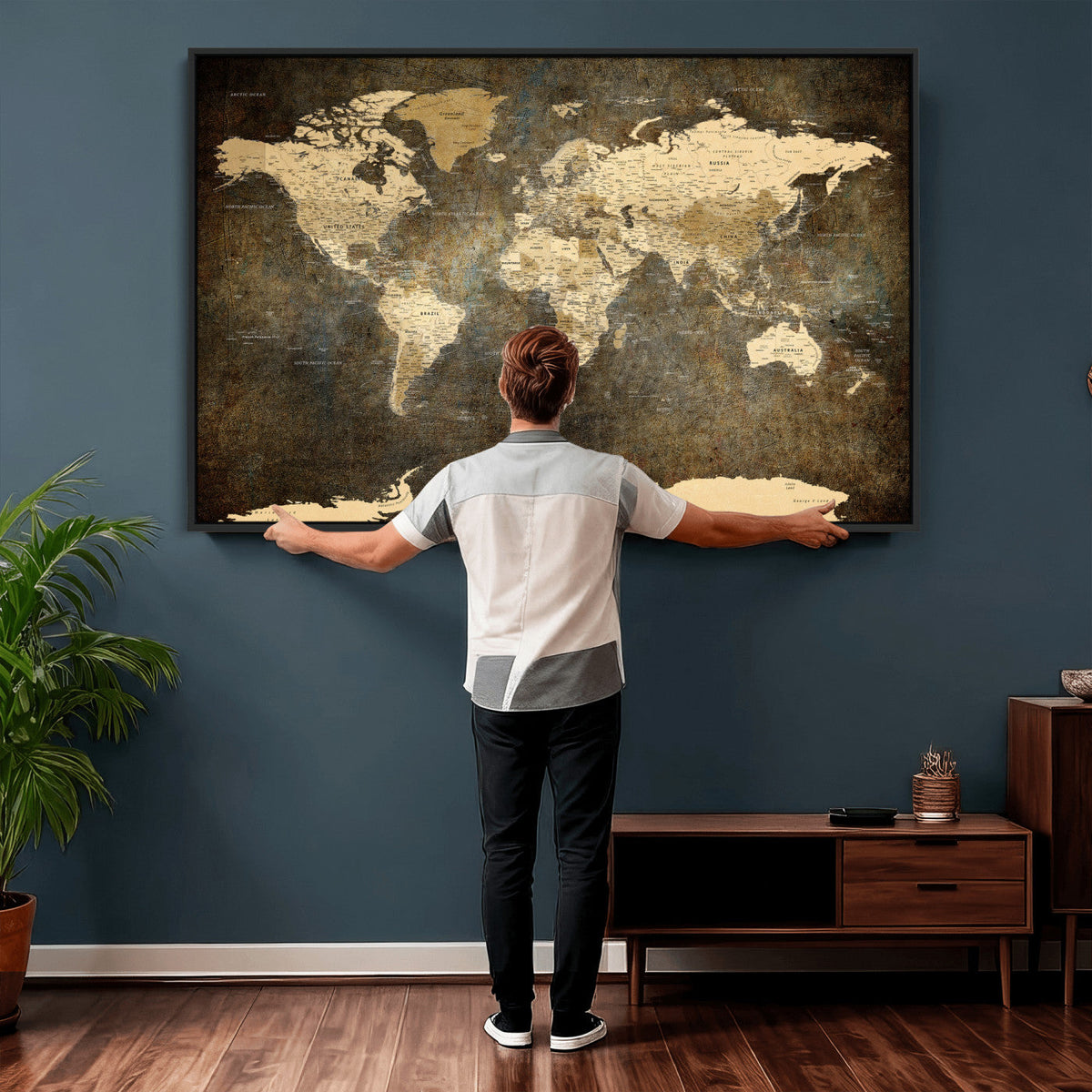Large Framed Vintage World Map Wall Art Print for Home Wall