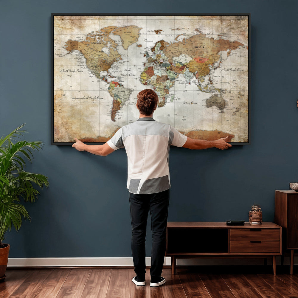 World Map Wall Art Canvas Print, Modern Decorative Framed Map Artwork Prints for Living Room, Office, Bedroom Wall Decor