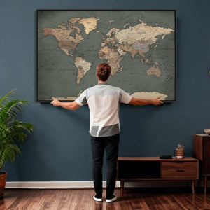 Rustic Black and Wood World Map Canvas Wall Art – Framed