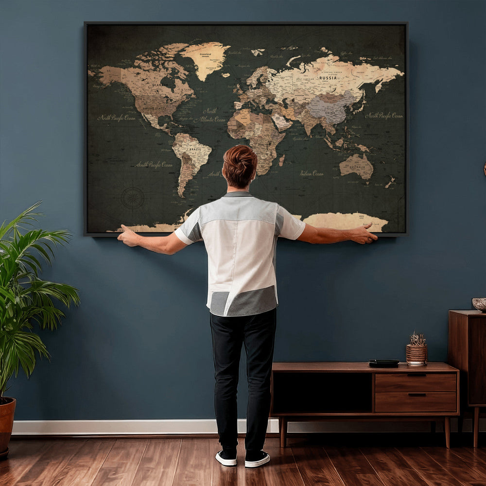 Vintage World Map Canvas Wall Art – Framed Travel Map for