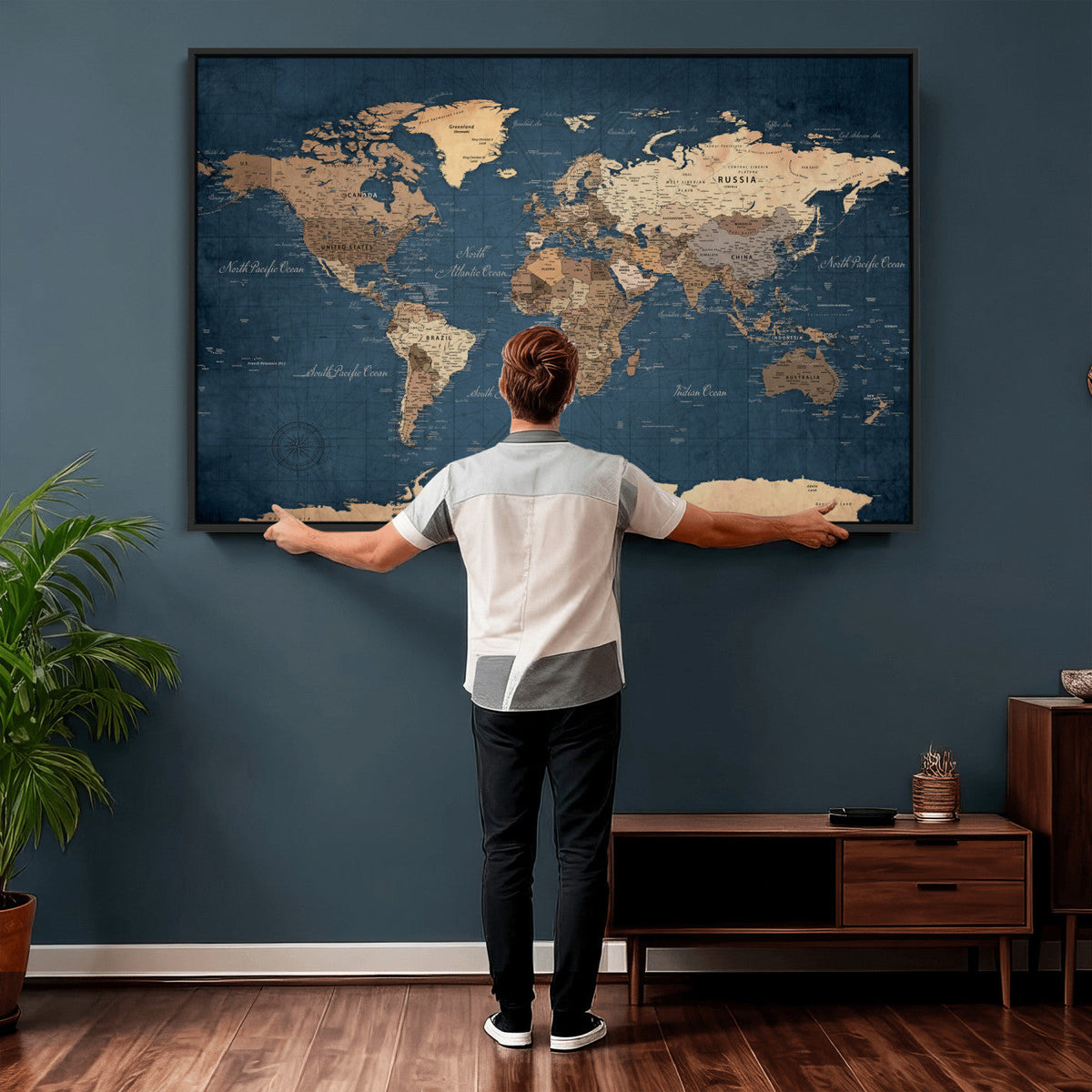 Navy Blue World Map Canvas Print – Framed Travel Map Wall