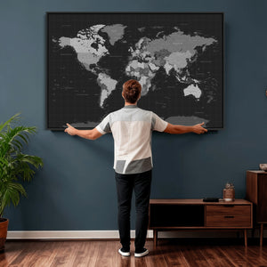 Black World Map Wall Art Canvas Print – Detailed Map of the