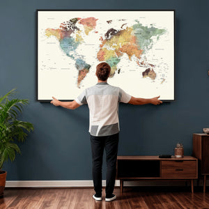 Framed World Map Wall Art Canvas Print for Living Room and