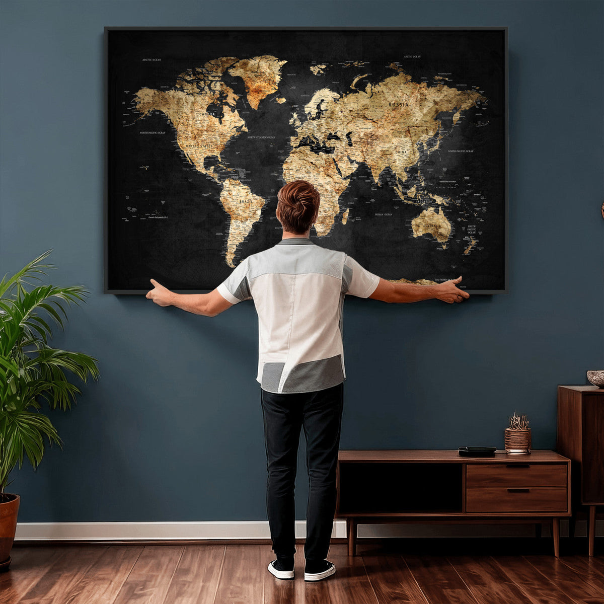 World Map Canvas Wall Art with Famous Landmarks – Framed
