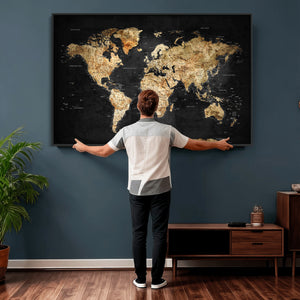 World Map Canvas Wall Art with Famous Landmarks – Framed