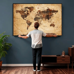 Modern Red and Gray World Map Canvas Print – Framed Wall Art
