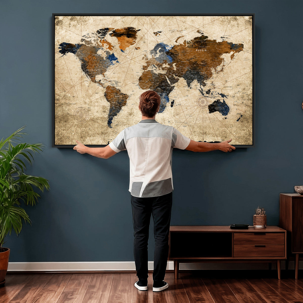 World Map Wall Art Canvas Print, Modern Decorative Framed