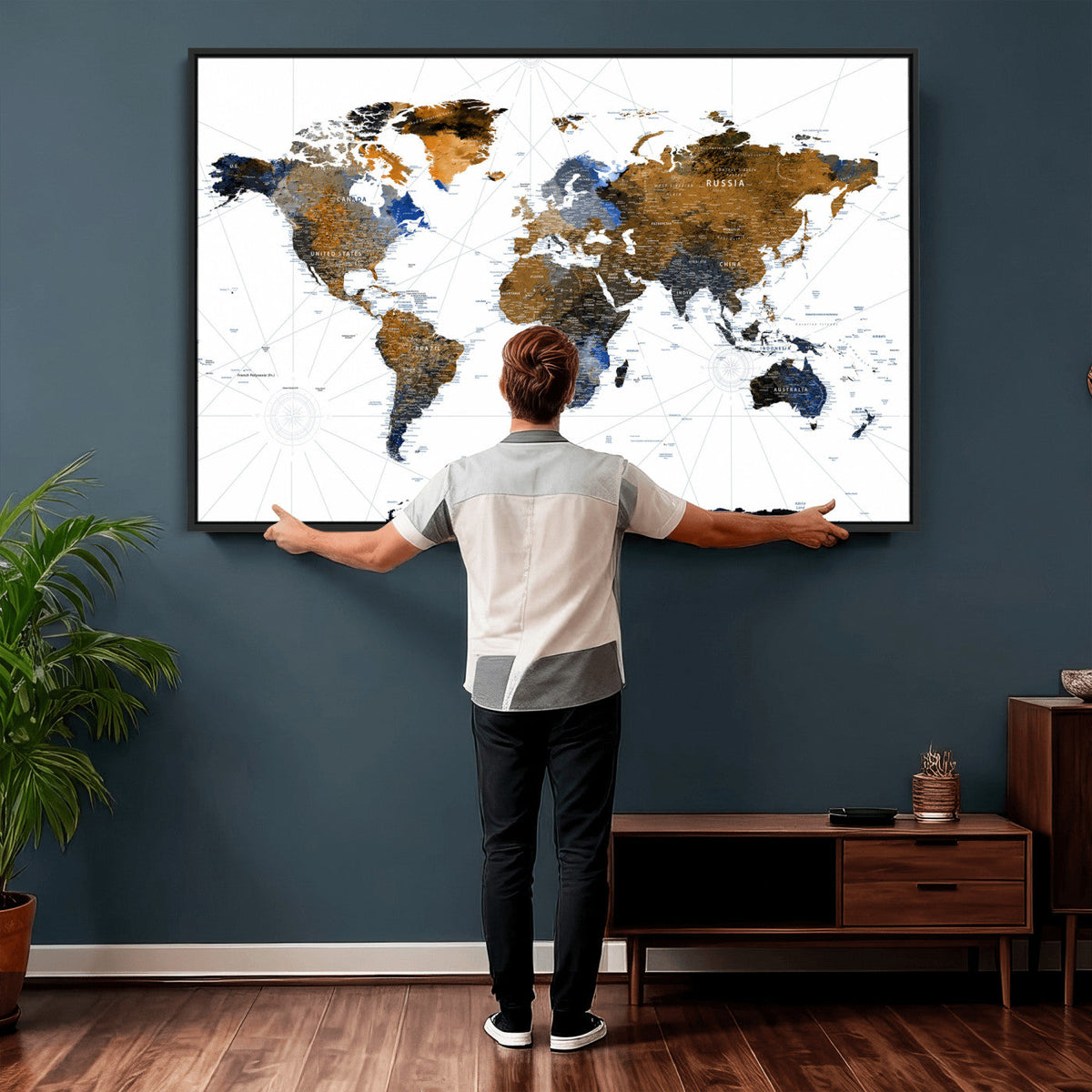 World Map Wall Art Canvas Print, Modern Decorative Framed