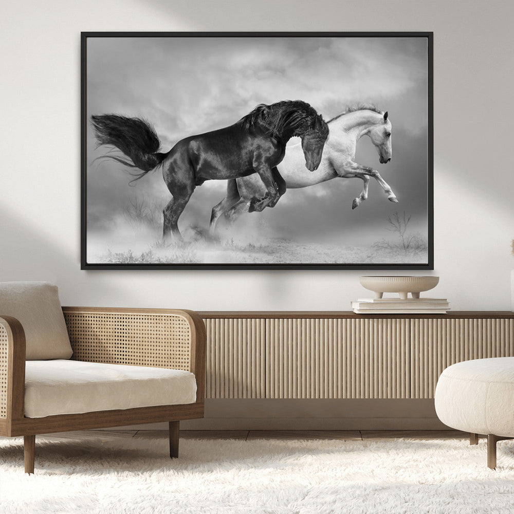 Wild Horses Wall Art Canvas Print – Framed Black and White