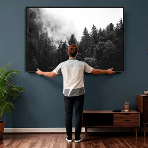 Black White Forest Wall Art Canvas Print, Misty Pine Tree