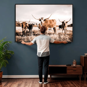 Texas Longhorn Cattle Wall Art Canvas Print, Sepia Western