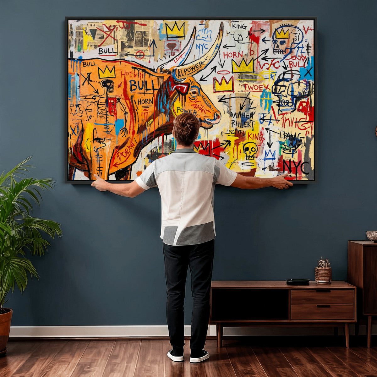 Basquiat Style Bull Graffiti Wall Art Canvas Print, Street