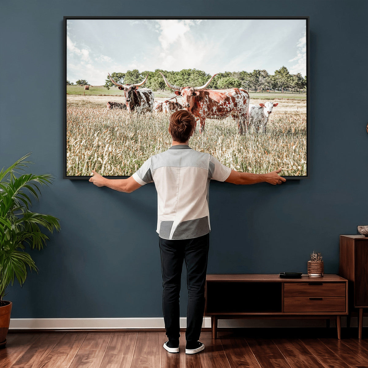 Texas Longhorn Cattle Wall Art Canvas Print, Rustic Ranch