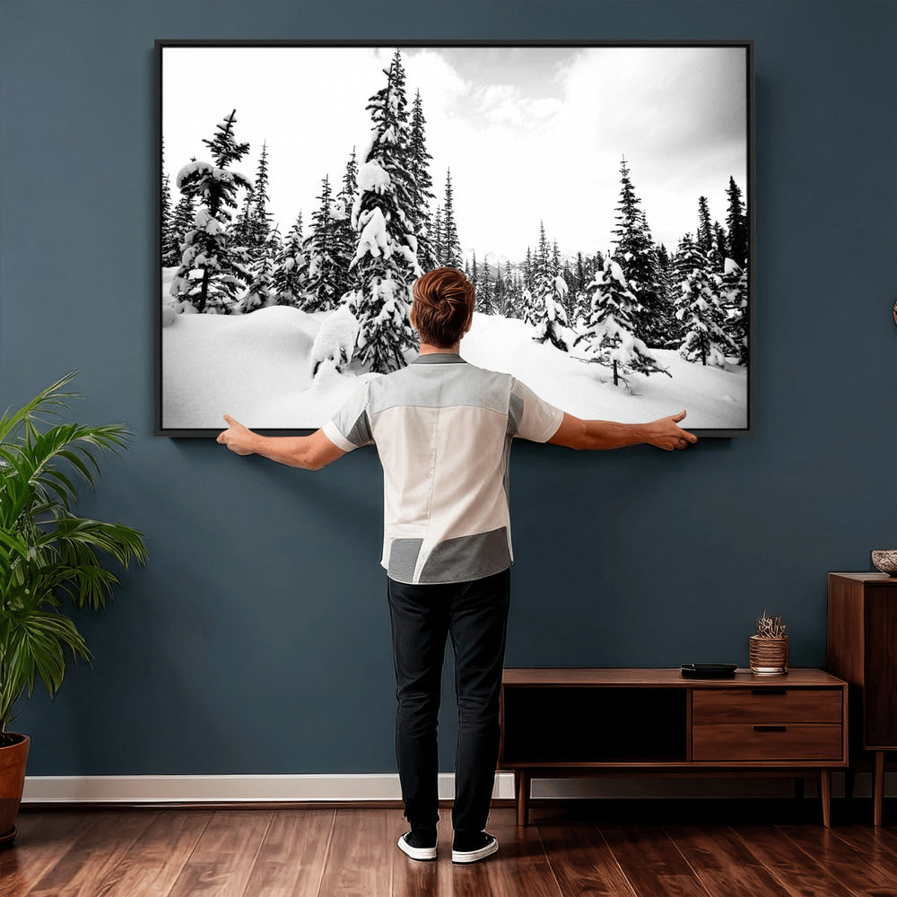 Black and White Snowy Pine Forest Wall Art Canvas Print,