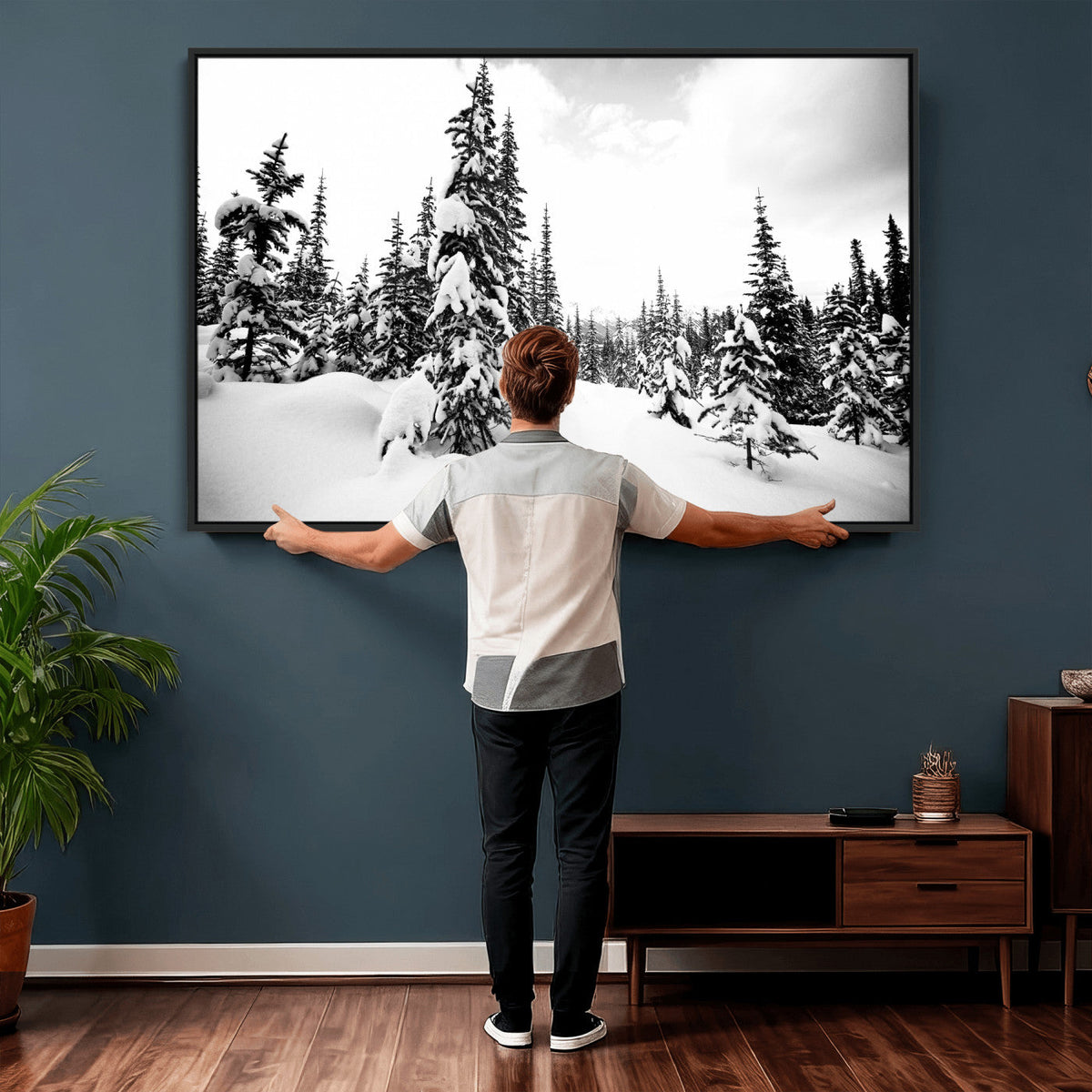Black and White Snowy Pine Forest Wall Art Canvas Print,