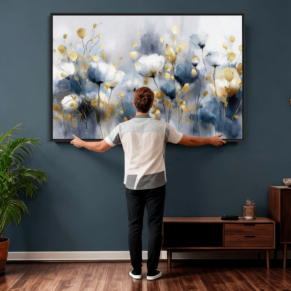 Large Abstract Flowers Wall Art Canvas Print – Gold and Blue