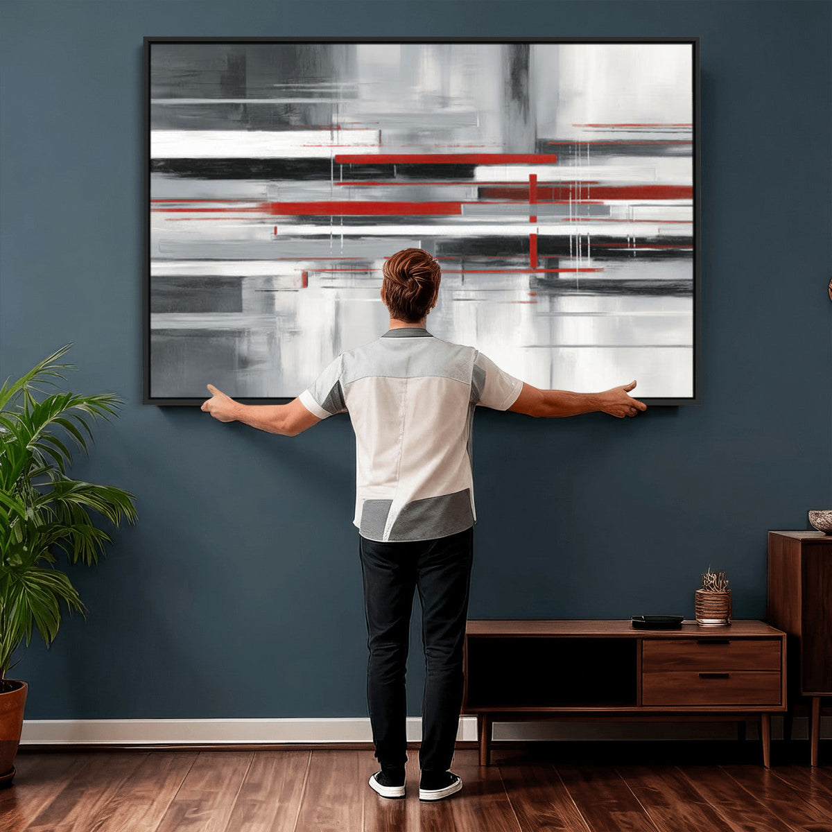 Gray Red Abstract Wall Art Canvas Print, Modern Abstract