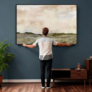 Muted Watercolor Hill Landscape Print — Beige Taupe Cloudy