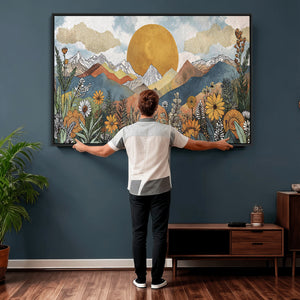 Boho Mountain Landscape Large Wall Art, Horizontal Gold
