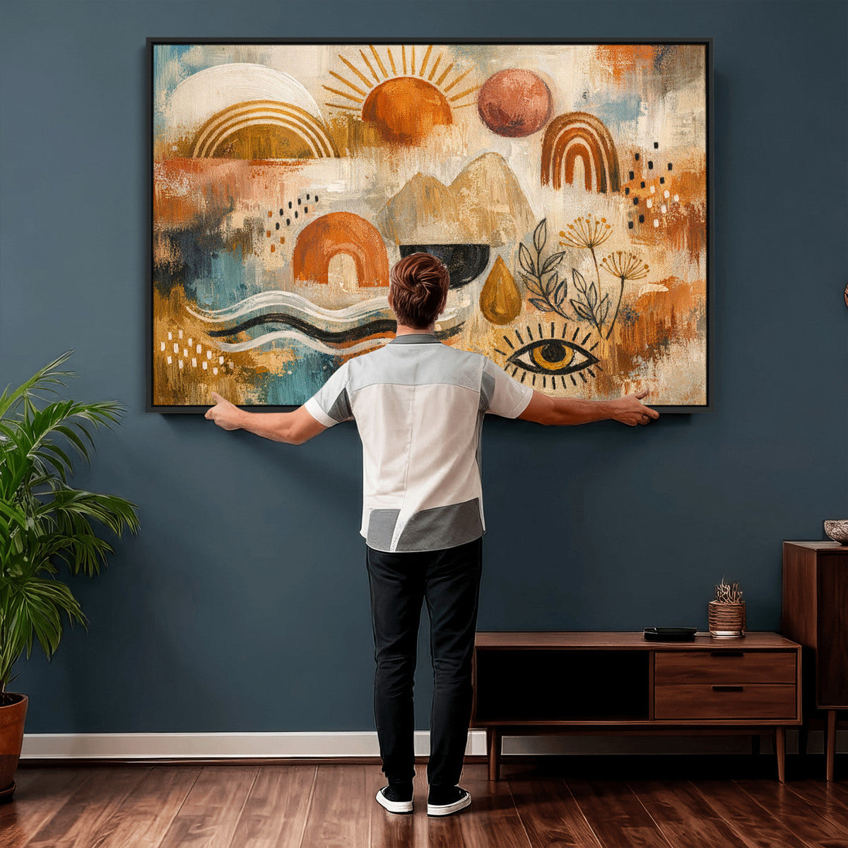 Geometric Boho Abstract Wall Art Canvas Print, Orange Blue