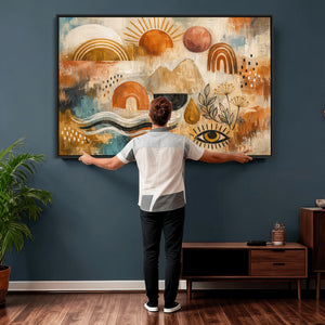 Geometric Boho Abstract Wall Art Canvas Print, Orange Blue