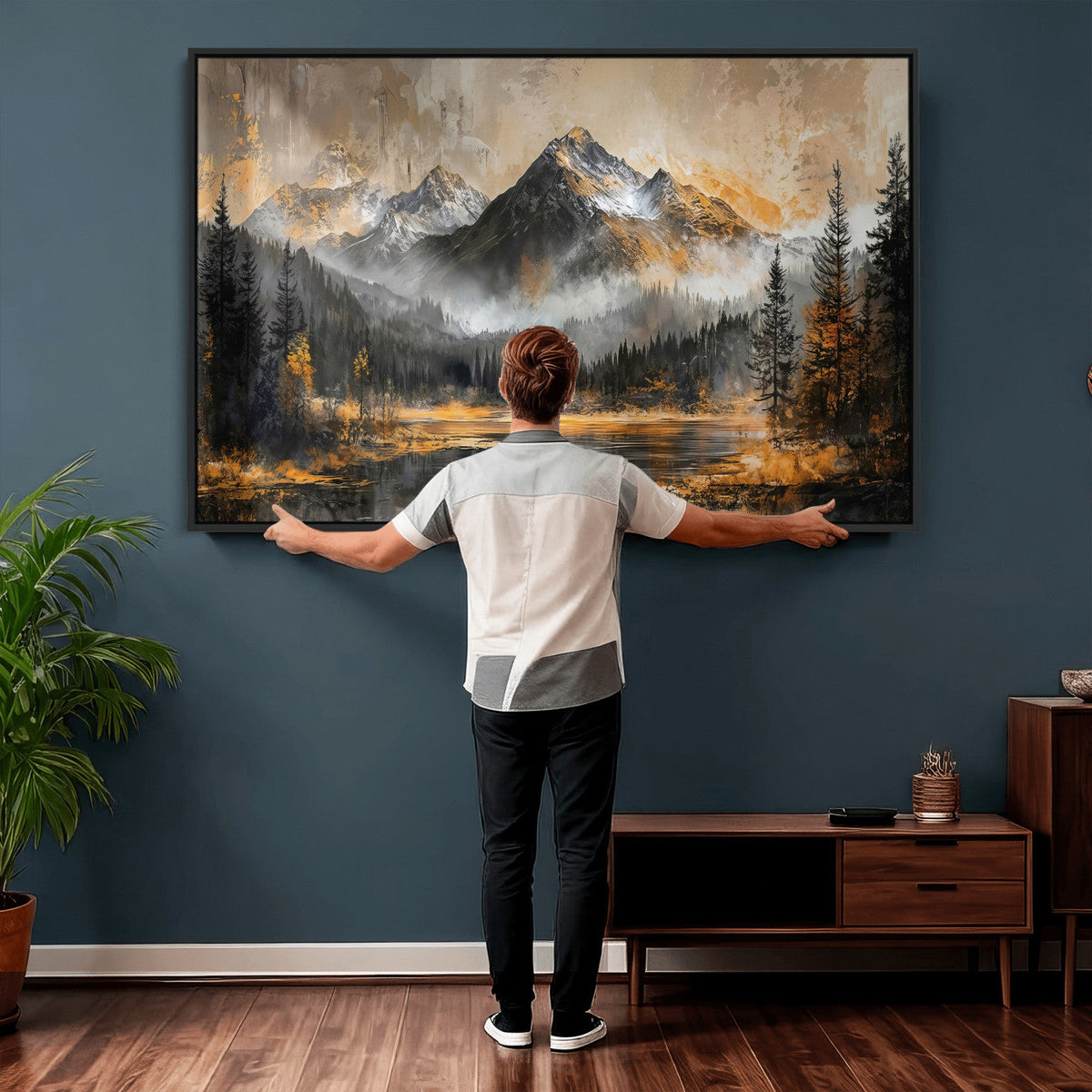 Mountain Lake Canvas Wall Art — Rustic Forest Landscape