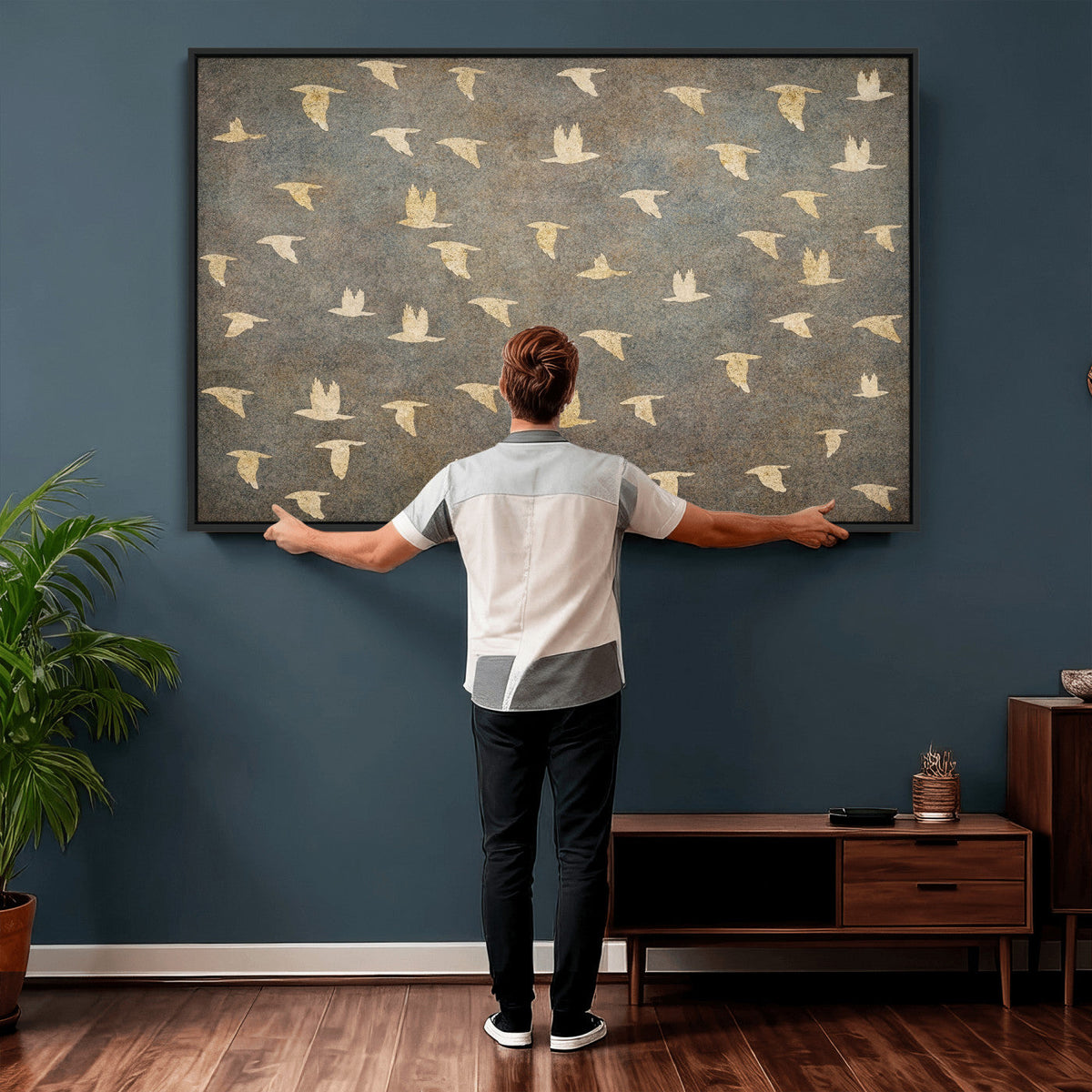 Flying Birds Canvas Wall Art, Vintage Bird Flock Pattern