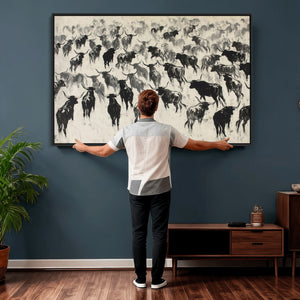 Longhorn Cattle Canvas Wall Art, Black White Stampede Ink