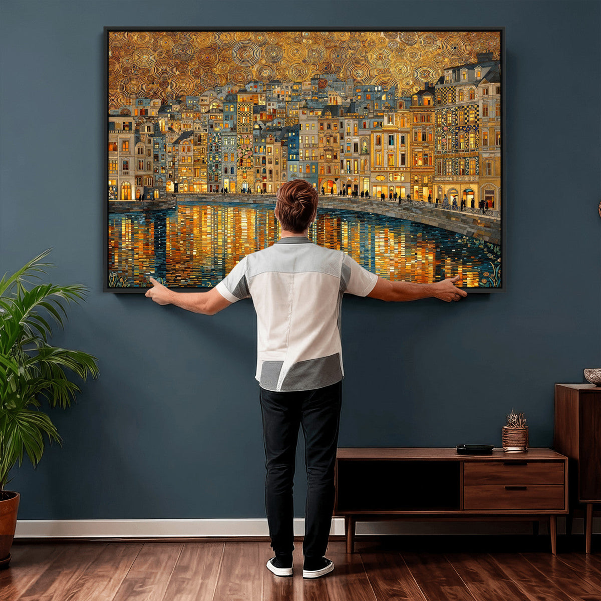 Gustav Klimt Golden Cityscape Wall Art Canvas Print, Framed