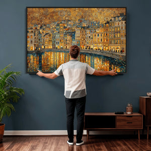 Gustav Klimt Golden Cityscape Wall Art Canvas Print, Framed