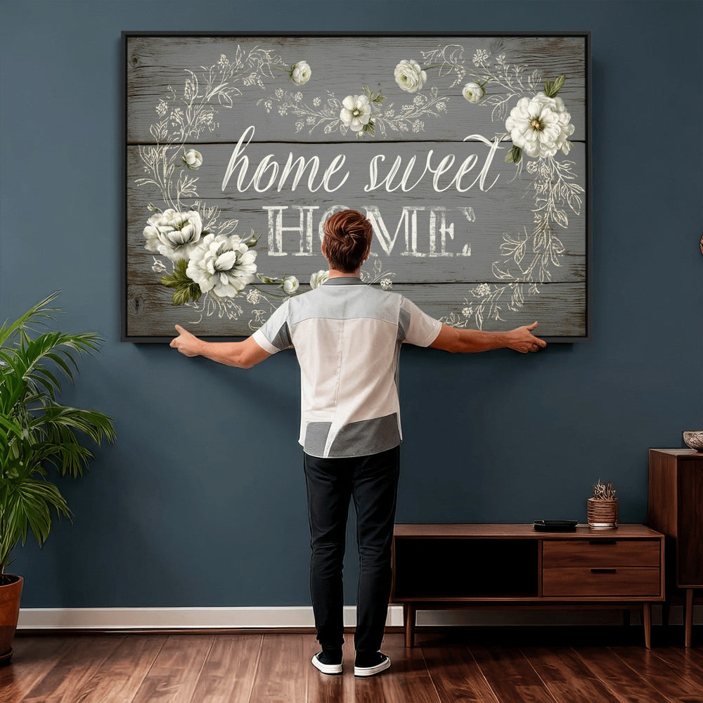 Home Sweet Home Wall Art Canvas Print, Floral Farmhouse