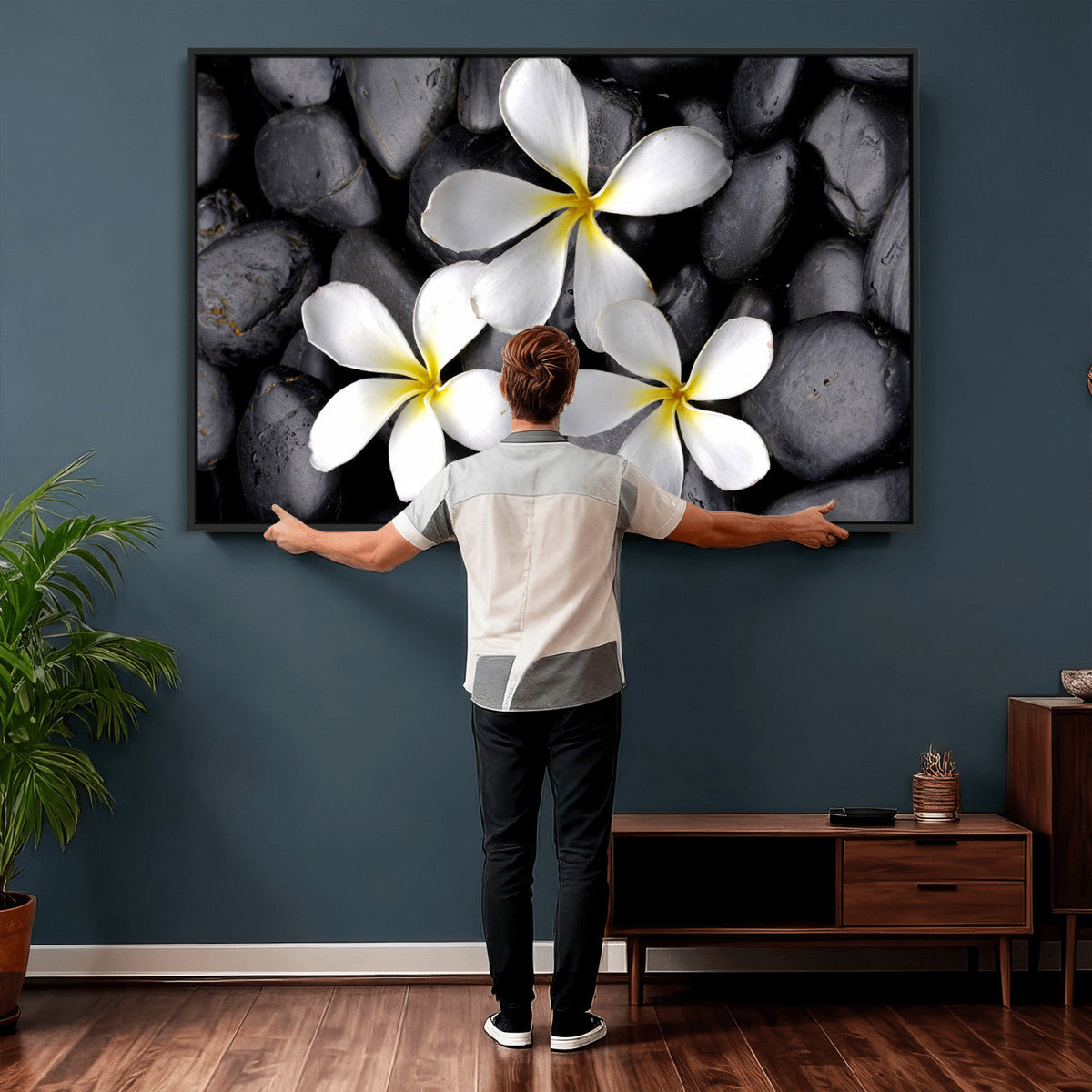 Plumeria Frangipani Black Stone Canvas | White Flower Spa