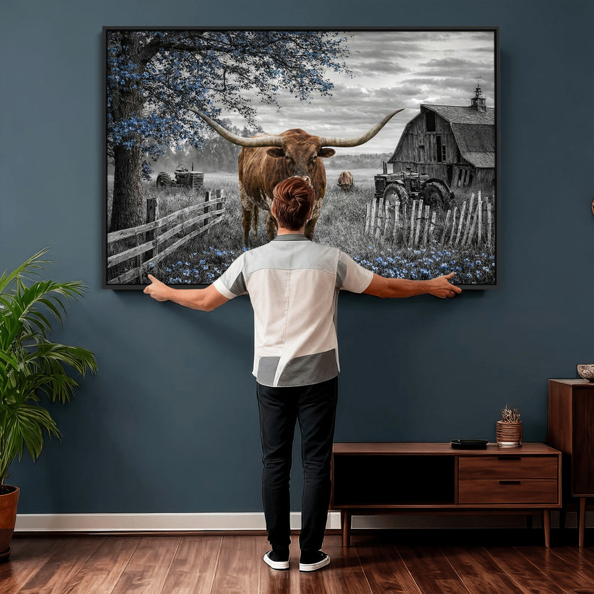 Texas Longhorn Canvas Wall Art, Rustic Farm Barn Bluebonnet