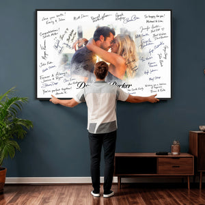 Wedding Guest Book Alternative Wall Art Canvas Print, Personalized Wedding Signature Poster, Custom Couple Photo Guestbook Canvas, Bridal Shower Reception Decor