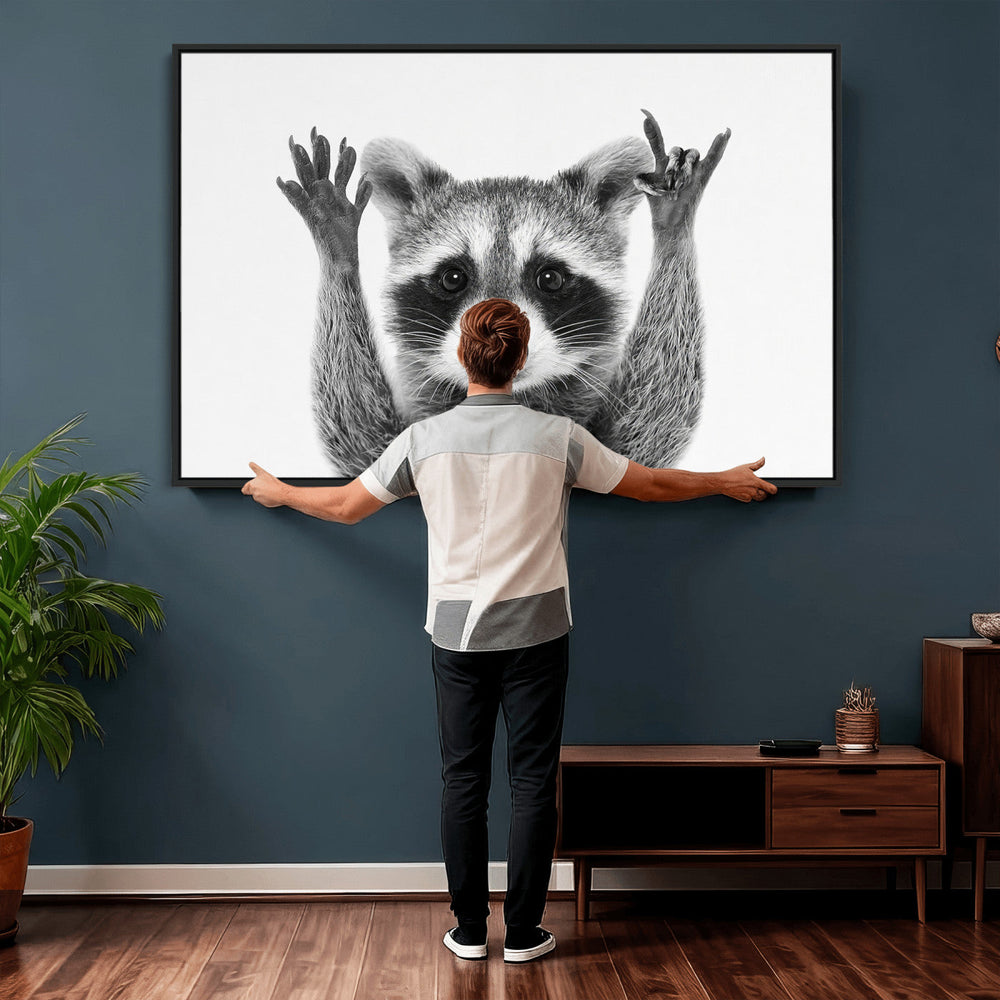 Funny Raccoon Canvas Wall Art, Black White Hands Up Animal Photo Print, Humorous Wildlife Decor, Kids Room Nursery Art, Quirky Animal Gift