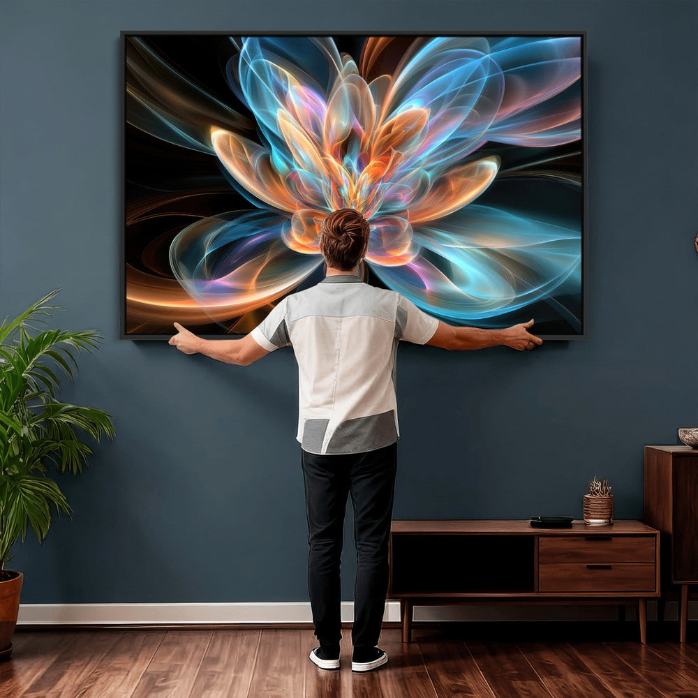 Fractal Lotus Canvas Wall Art, Blue Orange Glowing Flower Abstract Print, Modern Zen Meditation Room Decor, Ethereal Digital Art, Living Room