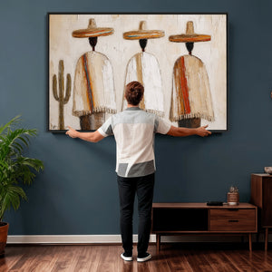 Mexican Wall Art Canvas Print, Southwestern Sombrero Poncho Painting, Neutral Earthy Boho Decor, Fiesta Living Room Art, Impasto Style Print