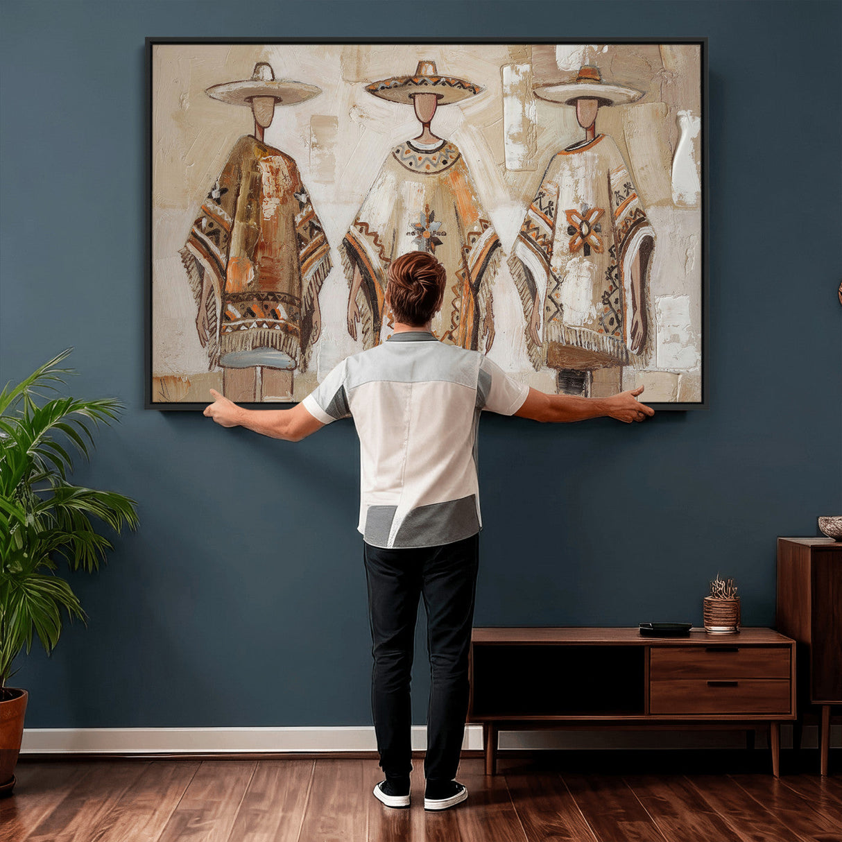 Mexican Folk Art Canvas Wall Art, Charro Poncho Sombrero Painting Print, Neutral Beige Boho Decor, Southwestern Impasto Style, Living Room Art