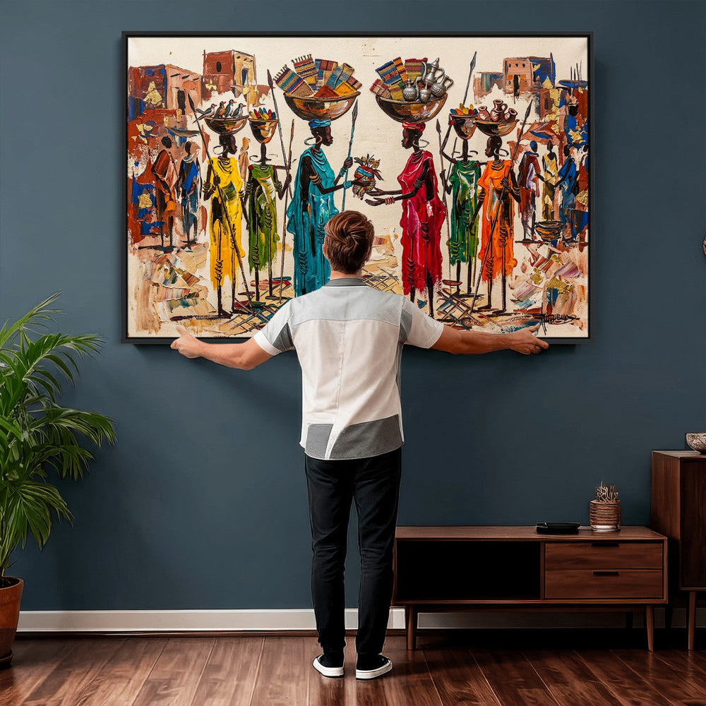 African Folk Art Canvas Wall Art, Colorful African Women Village Painting Print, Tribal Ethnic Home Decor, Vibrant African Art, Living Room