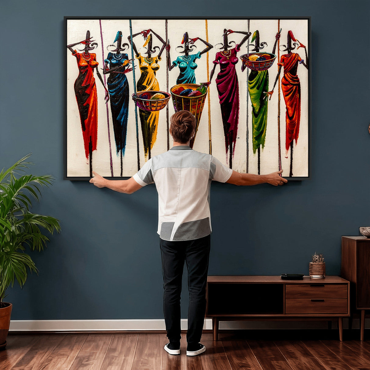 African Folk Art Canvas Wall Art, Colorful African Women Village Painting Print, Tribal Ethnic Home Decor, Vibrant African Art, Living Room
