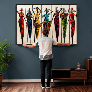 African Folk Art Canvas Wall Art, Colorful African Women Village Painting Print, Tribal Ethnic Home Decor, Vibrant African Art, Living Room