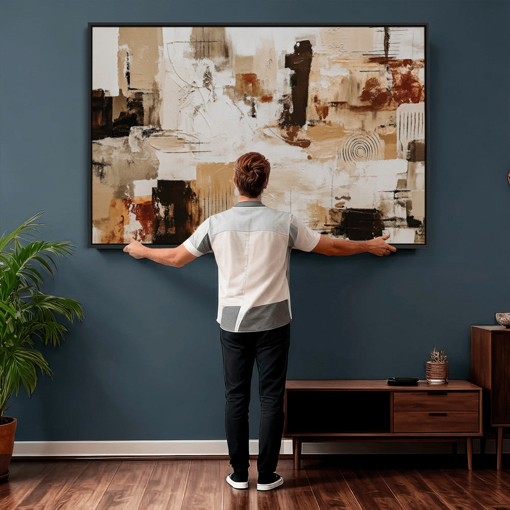Blue Teal Abstract Canvas Wall Art, Modern Textured Painting Print, Navy Orange White Contemporary Art, Neutral Living Room Decor, Office Art