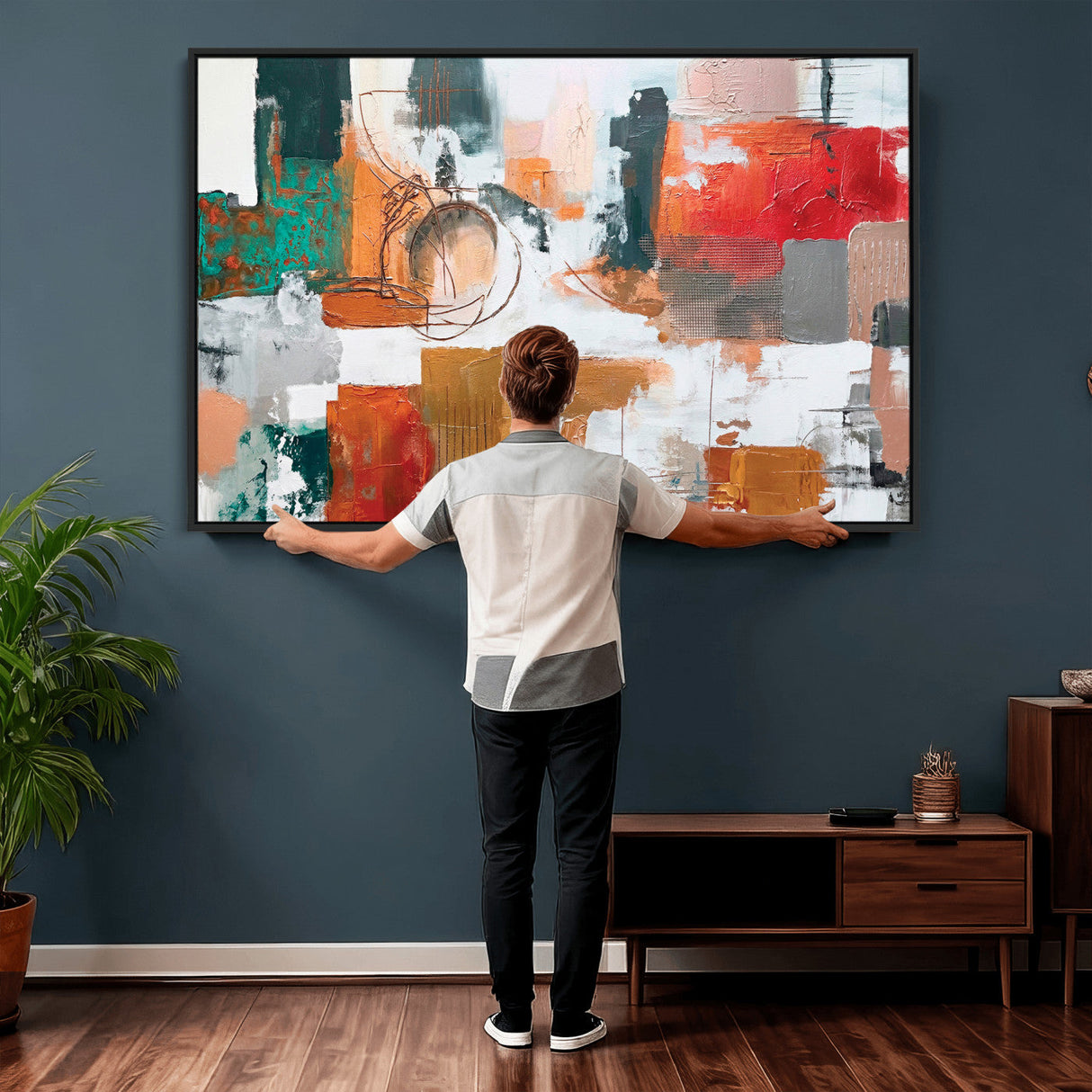 Blue Teal Abstract Canvas Wall Art, Modern Textured Painting Print, Navy Orange White Contemporary Art, Neutral Living Room Decor, Office Art