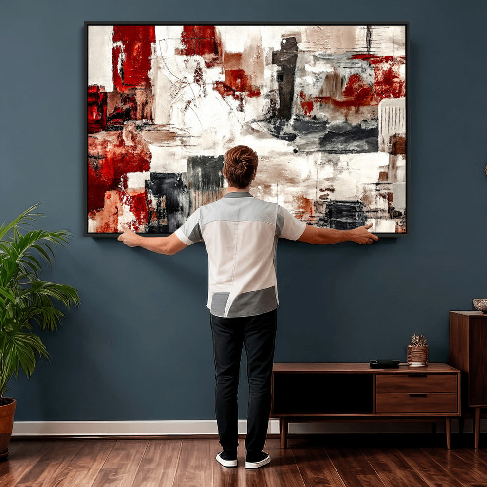 Blue Teal Abstract Canvas Wall Art, Modern Textured Painting Print, Navy Orange White Contemporary Art, Neutral Living Room Decor, Office Art