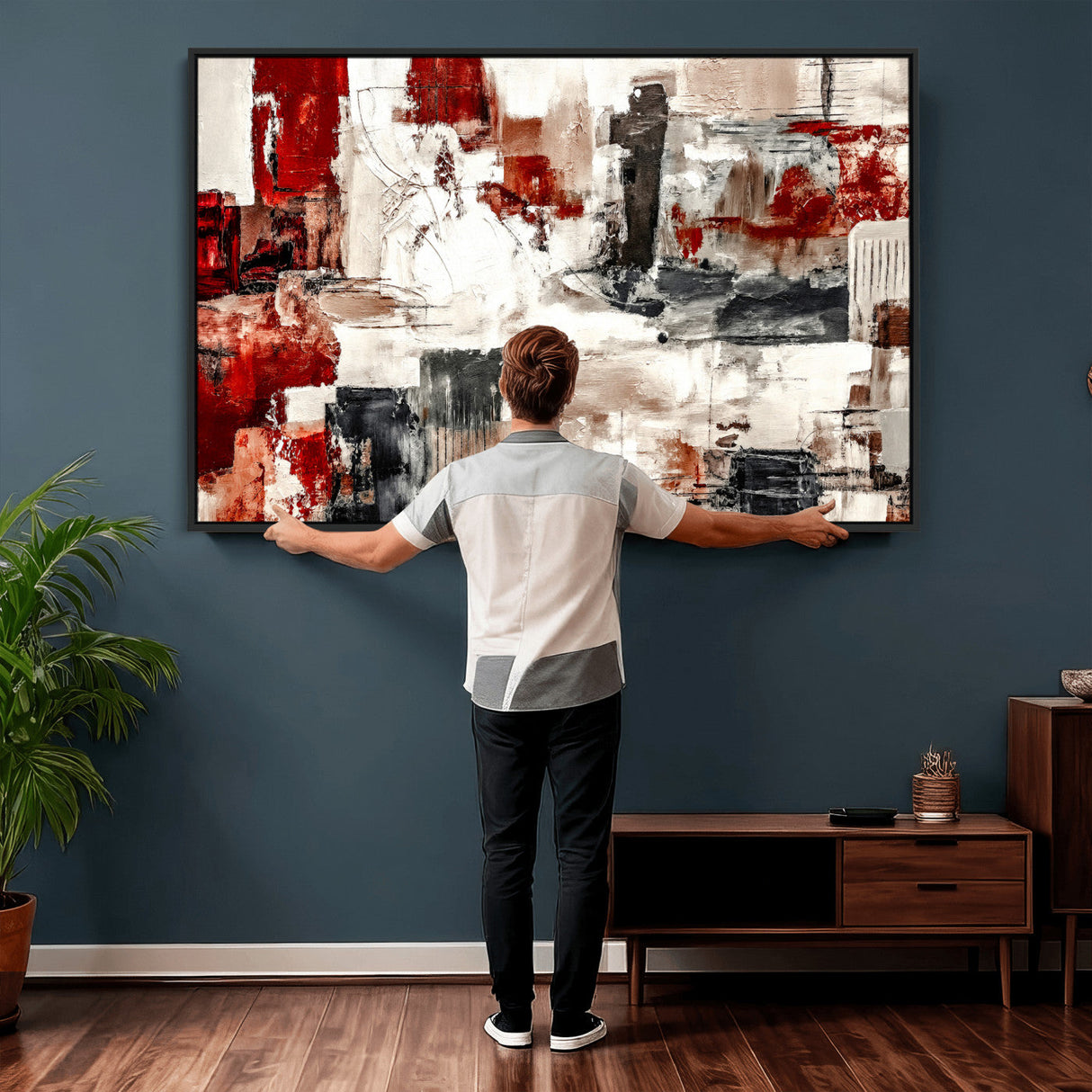 Blue Teal Abstract Canvas Wall Art, Modern Textured Painting Print, Navy Orange White Contemporary Art, Neutral Living Room Decor, Office Art