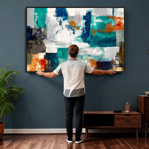 Blue Teal Abstract Canvas Wall Art, Modern Textured Painting Print, Navy Orange White Contemporary Art, Neutral Living Room Decor, Office Art